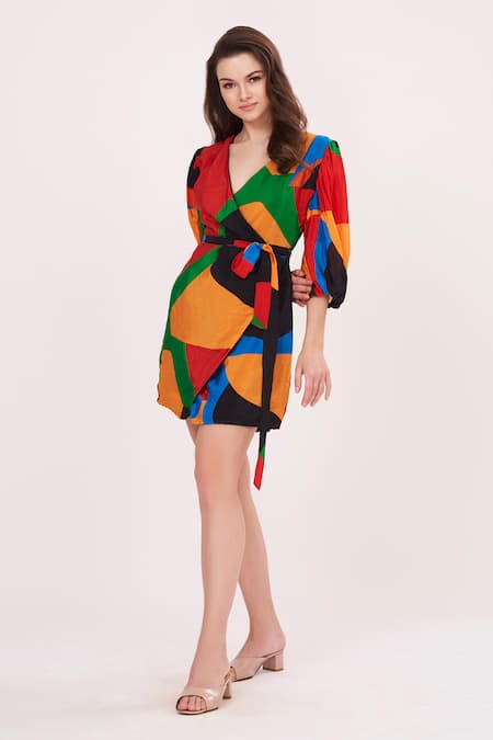 House of Varada Multi Color Crepe Printed Geometric V Neck Wrap Dress 