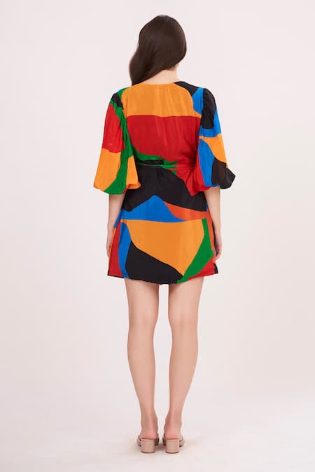 Shop House Of Varada Multi Color Crepe V-neck Geometric Print Wrap Dress at Aza Fashions Shop_House Of Varada_Multi Color Crepe V-neck Geometric Print Wrap Dress _at_Aza_Fashions