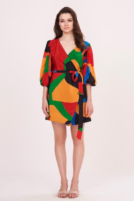 House Of Varada Multi Color Crepe V-neck Geometric Print Wrap Dress Online at Aza Fashions House Of Varada_Multi Color Crepe V-neck Geometric Print Wrap Dress _Online_at_Aza_Fashions