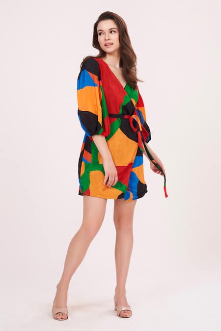 Buy House Of Varada Multi Color Crepe V-neck Geometric Print Wrap Dress Online at Aza Fashions Buy_House Of Varada_Multi Color Crepe V-neck Geometric Print Wrap Dress _Online_at_Aza_Fashions