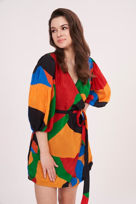 Shop House Of Varada Multi Color Crepe V-neck Geometric Print Wrap Dress Online at Aza Fashions Shop_House Of Varada_Multi Color Crepe V-neck Geometric Print Wrap Dress _Online_at_Aza_Fashions