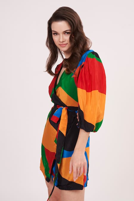 House Of Varada Multi Color Crepe V-neck Geometric Print Wrap Dress at Aza Fashions House Of Varada_Multi Color Crepe V-neck Geometric Print Wrap Dress _at_Aza_Fashions