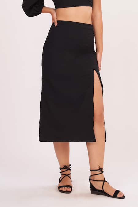 House Of Varada Black Brocade One Shoulder Top And Front-slit Skirt Set Online at Aza Fashions House Of Varada_Black Brocade One Shoulder Top And Front-slit Skirt Set _Online_at_Aza_Fashions