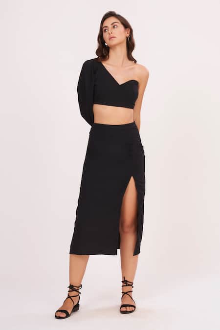 Buy House Of Varada Black Brocade One Shoulder Top And Front-slit Skirt Set Online at Aza Fashions Buy_House Of Varada_Black Brocade One Shoulder Top And Front-slit Skirt Set _Online_at_Aza_Fashions