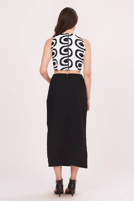 Shop House Of Varada Black Crepe, Brocade High Neck Abstract Printed Top And Front-slit Skirt Set at Aza Fashions Shop_House Of Varada_Black Crepe, Brocade High Neck Abstract Printed Top And Front-slit Skirt Set _at_Aza_Fashions