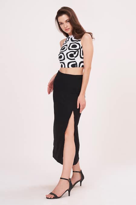 Shop House Of Varada Black Crepe, Brocade High Neck Abstract Printed Top And Front-slit Skirt Set Online at Aza Fashions Shop_House Of Varada_Black Crepe, Brocade High Neck Abstract Printed Top And Front-slit Skirt Set _Online_at_Aza_Fashions