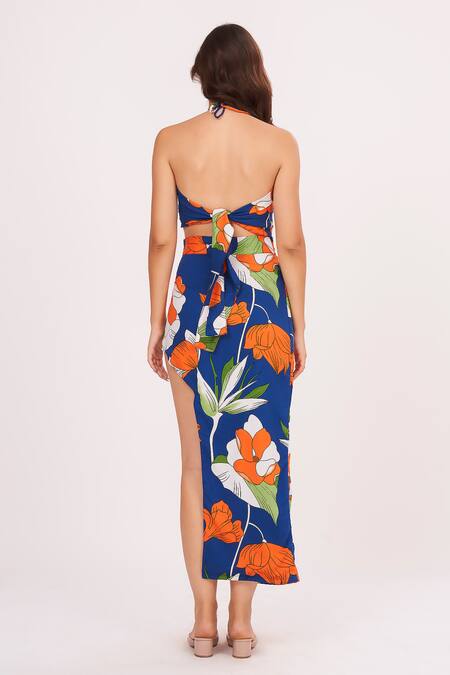 Shop House Of Varada Blue Rayon Halter Neck Floral Printed Top And Skirt Set at Aza Fashions Shop_House Of Varada_Blue Rayon Halter Neck Floral Printed Top And Skirt Set _at_Aza_Fashions