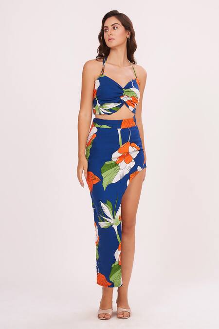 Buy House Of Varada Blue Rayon Halter Neck Floral Printed Top And Skirt Set Online at Aza Fashions Buy_House Of Varada_Blue Rayon Halter Neck Floral Printed Top And Skirt Set _Online_at_Aza_Fashions