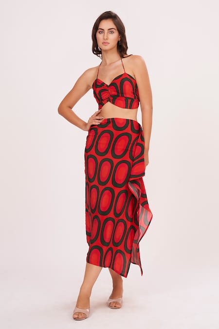 House Of Varada_Red Crepe Halter Neck Geometric Print Top And Skirt Set _Online_at_Aza_Fashions