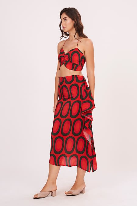 Buy_House Of Varada_Red Crepe Halter Neck Geometric Print Top And Skirt Set _Online_at_Aza_Fashions