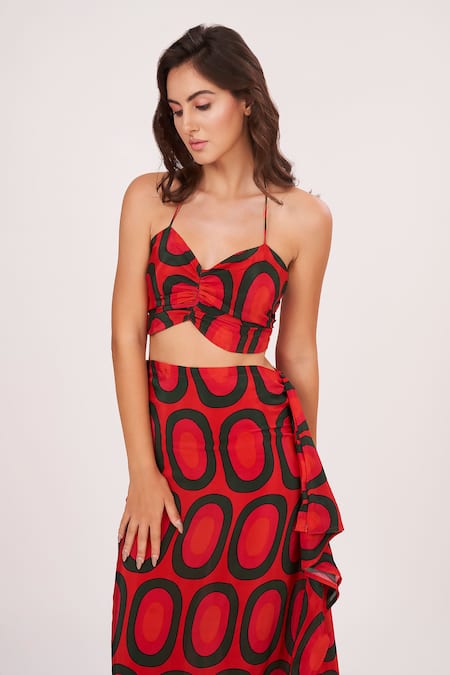 Shop_House Of Varada_Red Crepe Halter Neck Geometric Print Top And Skirt Set _Online_at_Aza_Fashions