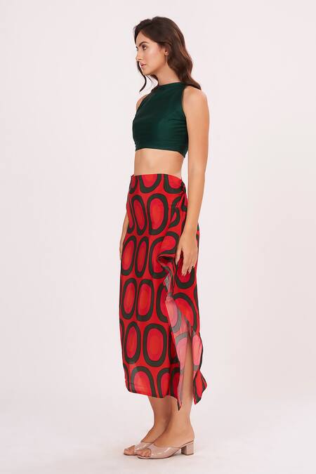 House Of Varada_Green Crepe High Neck Abstract Print Skirt Set _Online_at_Aza_Fashions