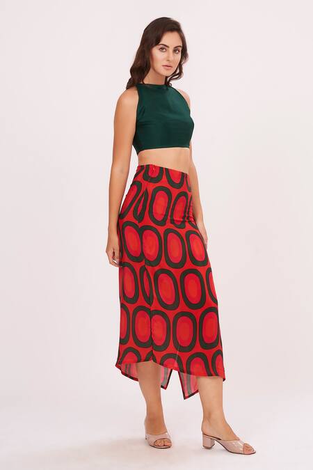 Buy_House Of Varada_Green Crepe High Neck Abstract Print Skirt Set _Online_at_Aza_Fashions