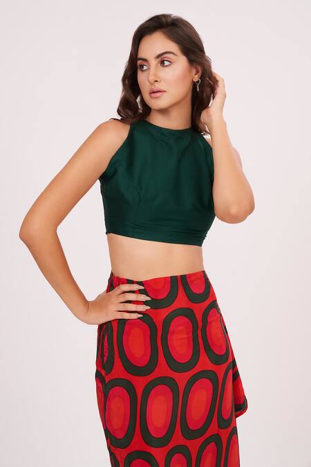 Shop_House Of Varada_Green Crepe High Neck Abstract Print Skirt Set _Online_at_Aza_Fashions