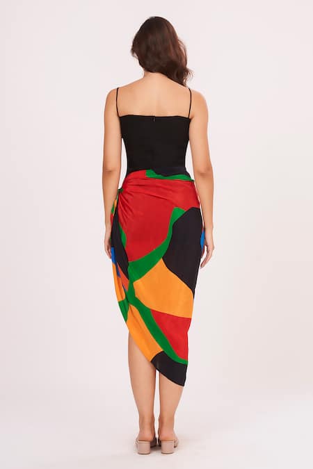 Shop_House Of Varada_Black Crepe Square Neck Dress With Abstract Printed Sarong _at_Aza_Fashions