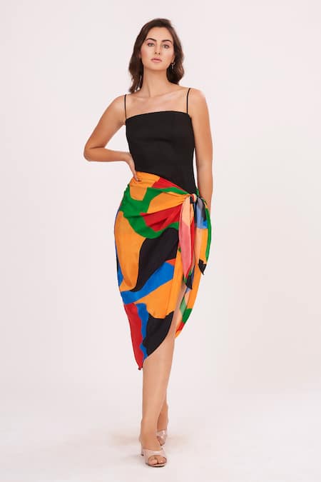 House Of Varada_Black Crepe Square Neck Dress With Abstract Printed Sarong _Online_at_Aza_Fashions