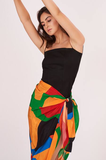Shop_House Of Varada_Black Crepe Square Neck Dress With Abstract Printed Sarong _Online_at_Aza_Fashions