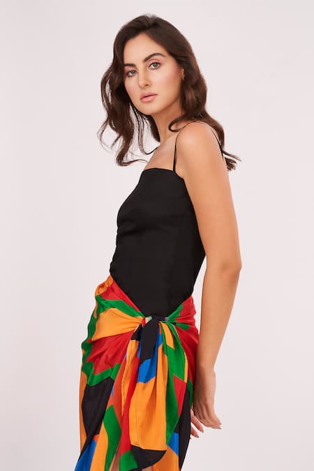 House Of Varada_Black Crepe Square Neck Dress With Abstract Printed Sarong _at_Aza_Fashions