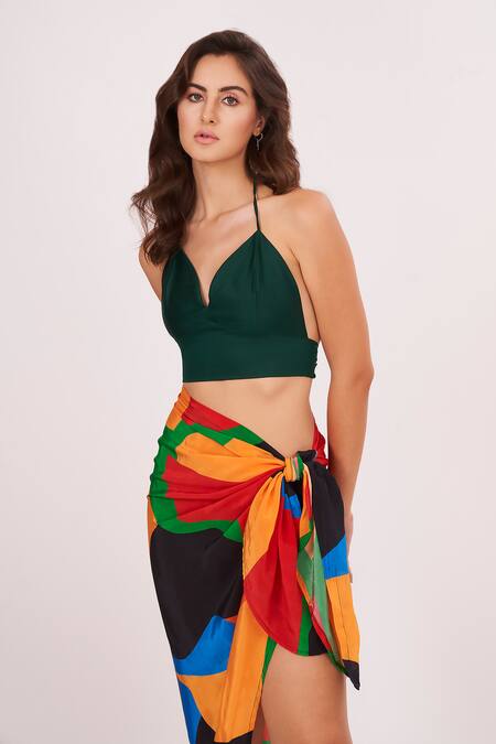 Buy_House Of Varada_Green Crepe Halter Neck Top And Abstract Printed Skirt Set _Online_at_Aza_Fashions
