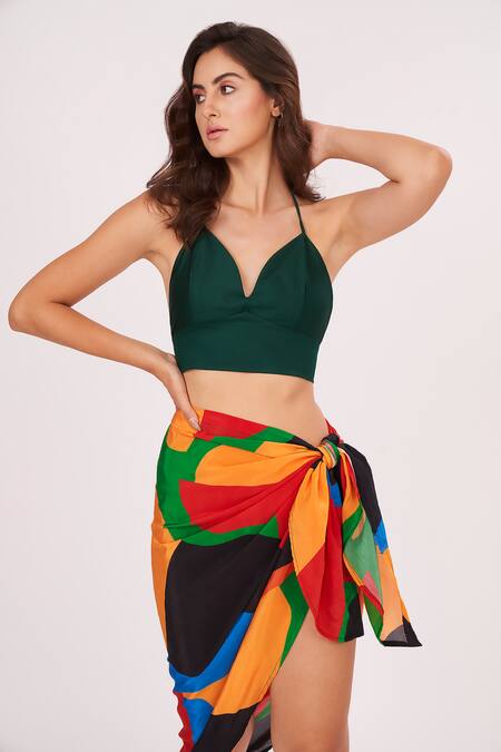 Shop_House Of Varada_Green Crepe Halter Neck Top And Abstract Printed Skirt Set _Online_at_Aza_Fashions