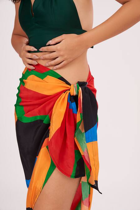 House Of Varada_Green Crepe Halter Neck Top And Abstract Printed Skirt Set _at_Aza_Fashions