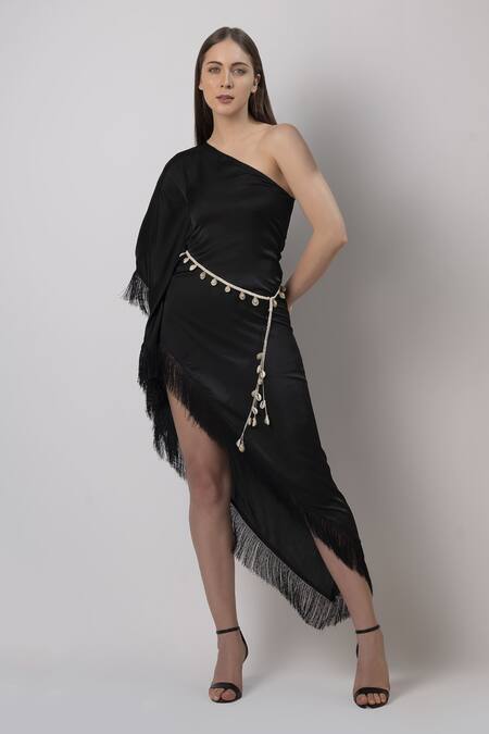 House Of Varada Black Satin One Shoulder Solid Dress With Belt at Aza Fashions House Of Varada_Black Satin One Shoulder Solid Dress With Belt _at_Aza_Fashions