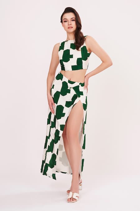 Shop_House Of Varada_White Muslin, Crepe High Neck Abstract Print Top And Skirt Set _Online_at_Aza_Fashions