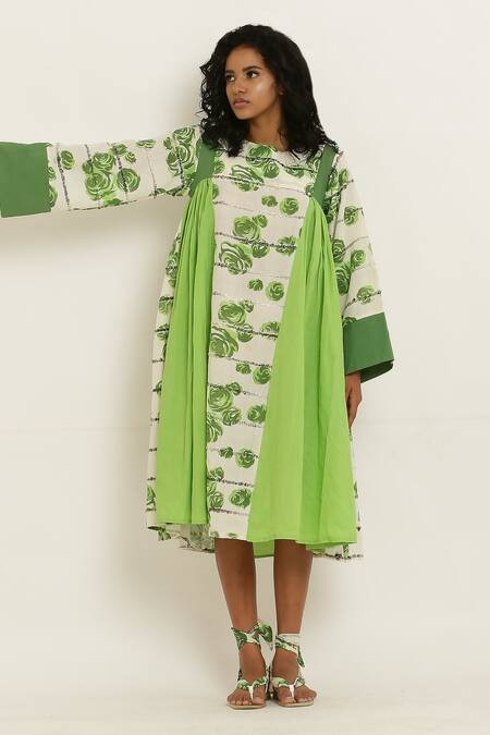 Kusmi_Green Cotton Embroidery Round Neck Rosette Print Dress _at_Aza_Fashions