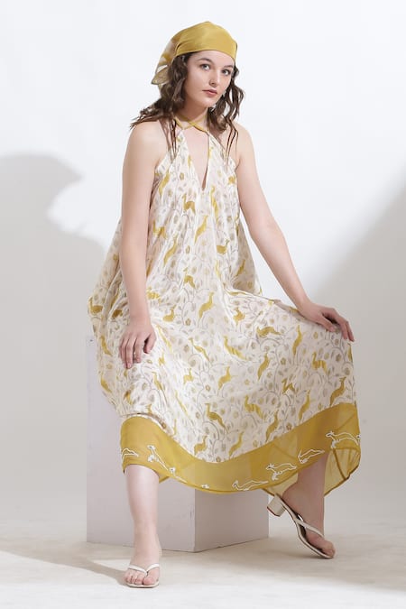 Shop_Kusmi_Yellow Crepe Embroidery Crew Neck Rooh Reindeer Print Dress _Online_at_Aza_Fashions