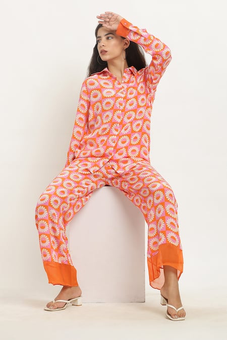 Kusmi_Orange Crepe Embroidery Collared Daisy Print Shirt With Pant _at_Aza_Fashions