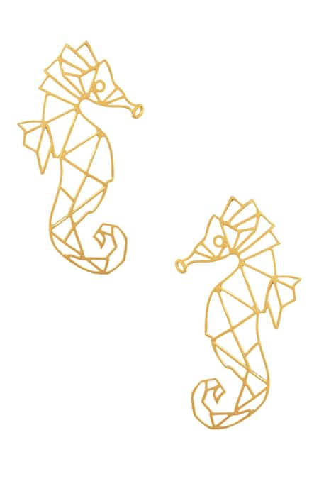 Shop Zohra Gold Plated Sea Horse Carved Earrings at Aza Fashions Shop_Zohra_Gold Plated Sea Horse Carved Earrings _at_Aza_Fashions