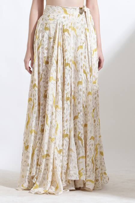 Shop_Kusmi_Yellow Crepe Rooh Reindeer Print Skirt _Online_at_Aza_Fashions