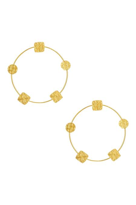 Shop_Zohra_Gold Plated Embroidery Geometric Hoops _at_Aza_Fashions
