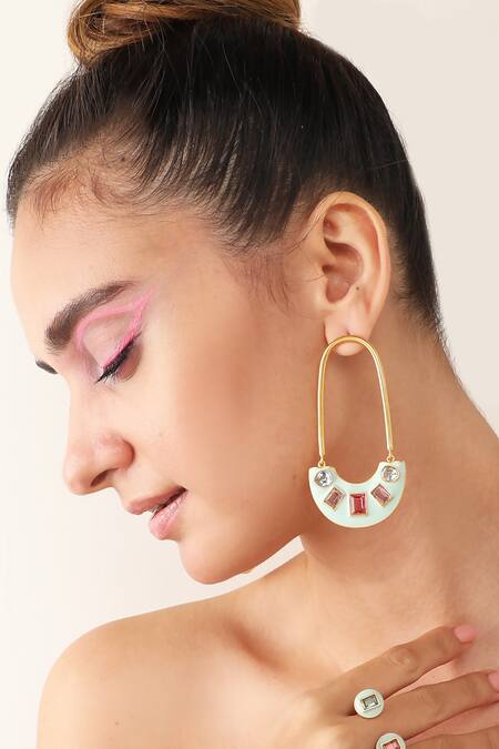 Zohra Green Crystals, Stones Francesca Embellished Hoops at Aza Fashions Zohra_Green Crystals, Stones Francesca Embellished Hoops _at_Aza_Fashions