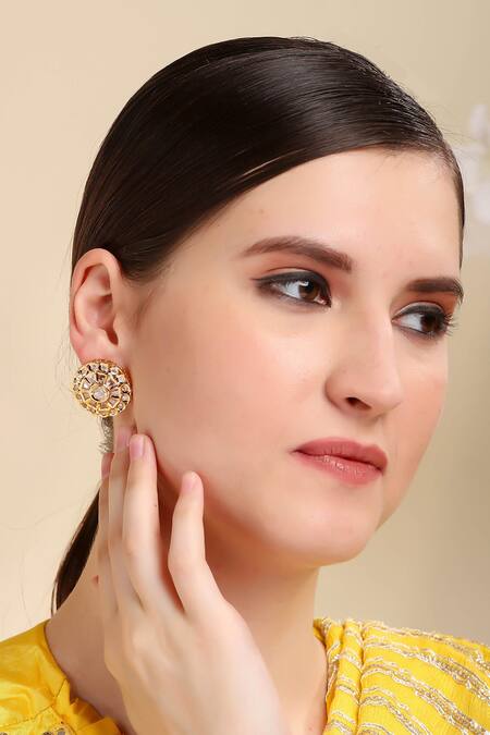 Auraa Trends_Gold Plated Lace, Diamonds Kundan Embellished Stud Earrings _at_Aza_Fashions