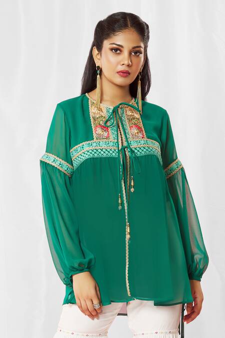 Bhairavi Jaikishan_Green Georgette Lace Round Lined Top_Online_at_Aza_Fashions