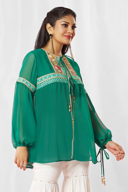 Buy_Bhairavi Jaikishan_Green Georgette Lace Round Lined Top_Online_at_Aza_Fashions