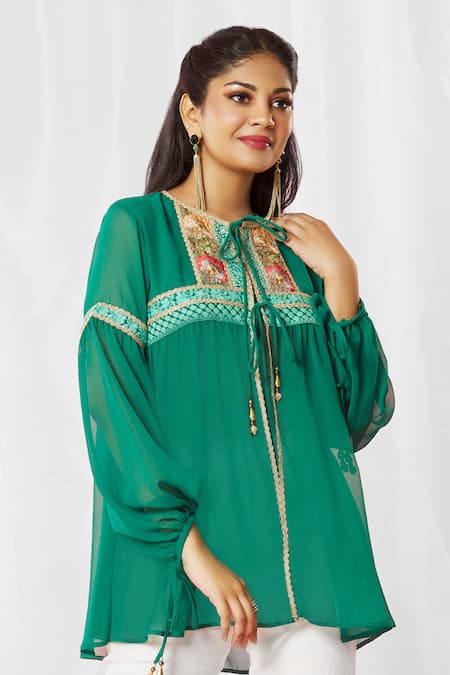 Shop_Bhairavi Jaikishan_Green Georgette Lace Round Lined Top_Online_at_Aza_Fashions