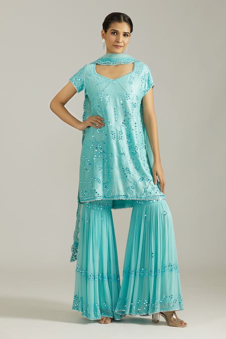 Priyaa Blue Chanderi Silk Embroidered Mirror Embellished Kurta Sharara Set  