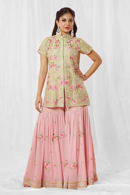 Bhairavi Jaikishan_Green Georgette, Net Embroidery, Lace, Sequins Rosette Jacket Sharara Set_Online_at_Aza_Fashions