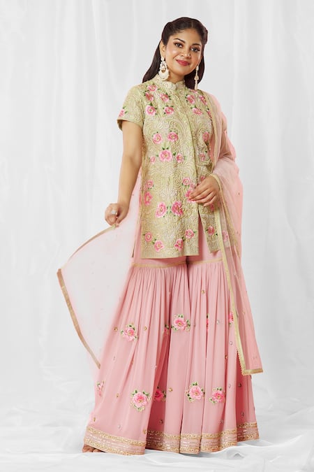 Buy_Bhairavi Jaikishan_Green Georgette, Net Embroidery, Lace, Sequins Rosette Jacket Sharara Set_Online_at_Aza_Fashions