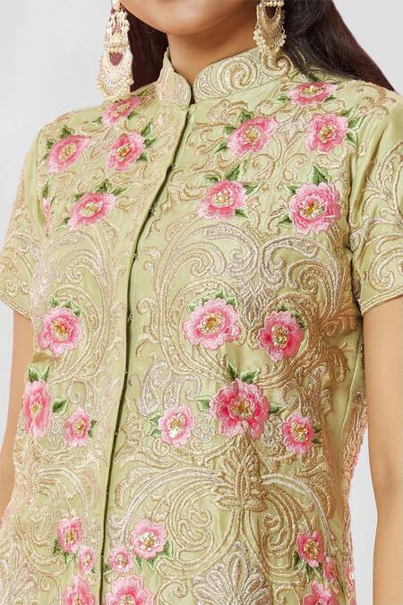 Shop_Bhairavi Jaikishan_Green Georgette, Net Embroidery, Lace, Sequins Rosette Jacket Sharara Set_Online_at_Aza_Fashions