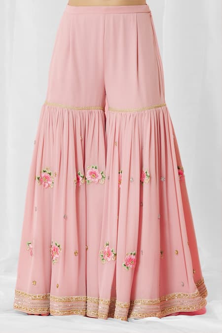 Bhairavi Jaikishan_Green Georgette, Net Embroidery, Lace, Sequins Rosette Jacket Sharara Set_at_Aza_Fashions