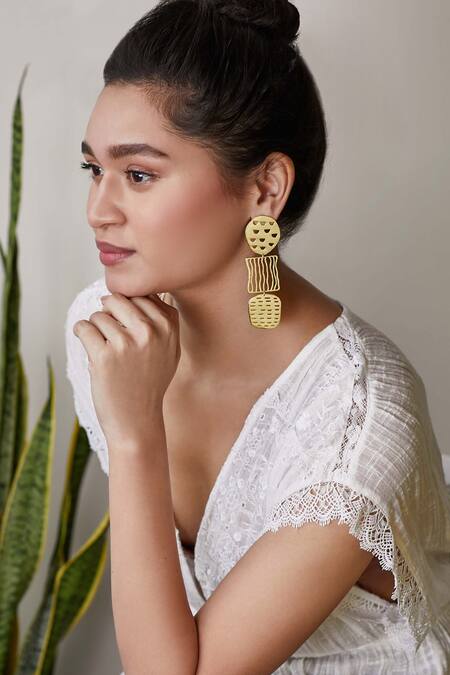 Shop_Zohra_Gold Plated Cut Work Tiered Geometric Danglers _Online_at_Aza_Fashions