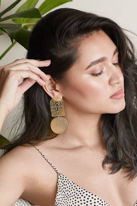 Zohra_Gold Plated Cut Work Handcrafted Geometric Danglers _at_Aza_Fashions