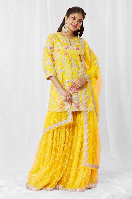 Bhairavi Jaikishan Floral Threadwork Kurta Sharara Set 