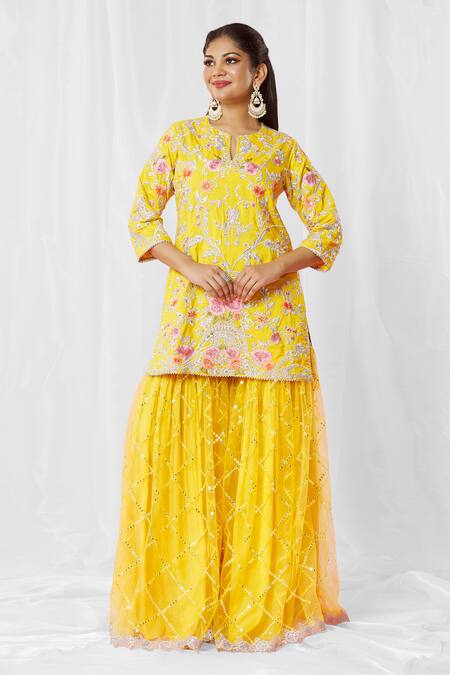 Bhairavi Jaikishan_Yellow Silk, Net Sequins, Embroidery, Lace Floral Threadwork Kurta Sharara Set_Online_at_Aza_Fashions