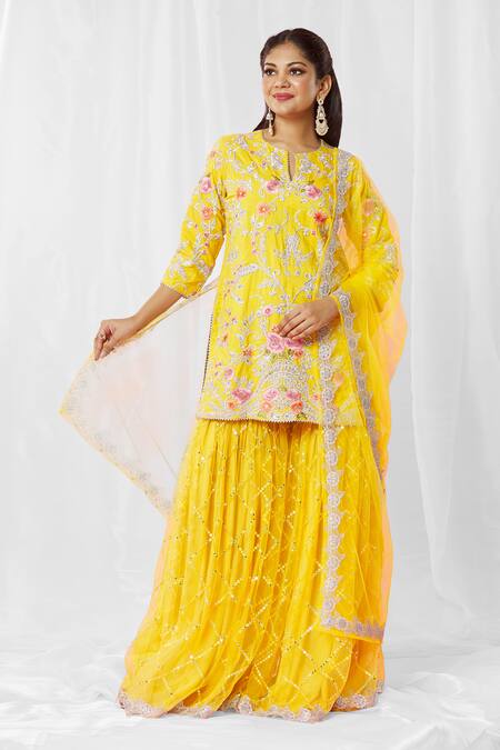 Buy_Bhairavi Jaikishan_Yellow Silk, Net Sequins, Embroidery, Lace Floral Threadwork Kurta Sharara Set_Online_at_Aza_Fashions