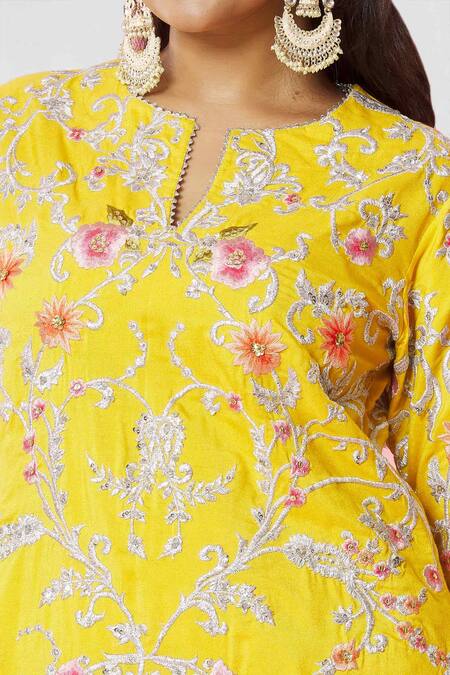 Shop_Bhairavi Jaikishan_Yellow Silk, Net Sequins, Embroidery, Lace Floral Threadwork Kurta Sharara Set_Online_at_Aza_Fashions