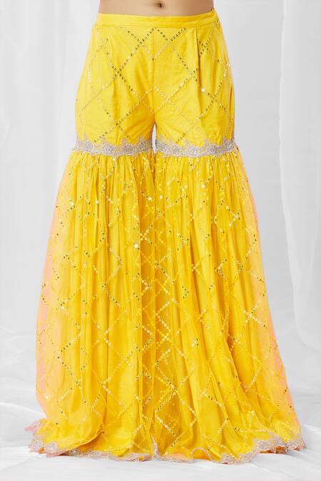 Bhairavi Jaikishan_Yellow Silk, Net Sequins, Embroidery, Lace Floral Threadwork Kurta Sharara Set_at_Aza_Fashions